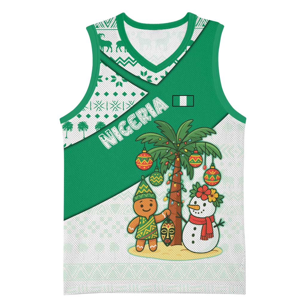 Nigeria Christmas Basketball Jersey with Gingerbread Snowman Palm Tree and Tribal Mask Design - Wonder Print Shop