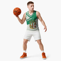 Nigeria Christmas Basketball Jersey with Gingerbread Snowman Palm Tree and Tribal Mask Design - Wonder Print Shop