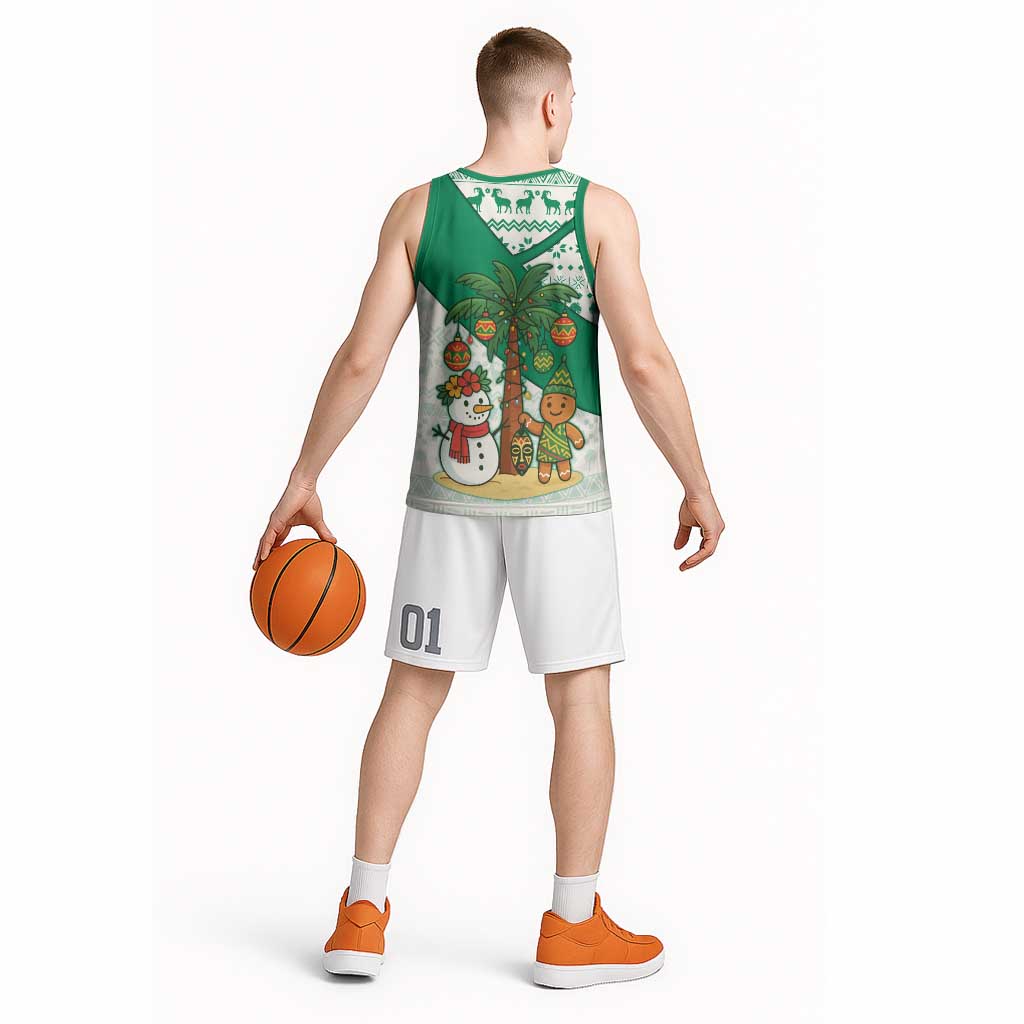 Nigeria Christmas Basketball Jersey with Gingerbread Snowman Palm Tree and Tribal Mask Design - Wonder Print Shop