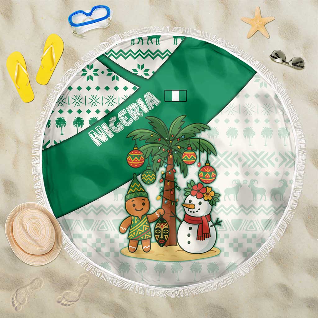 Nigeria Christmas Beach Blanket with Gingerbread Snowman Palm Tree and Tribal Mask Design - Wonder Print Shop