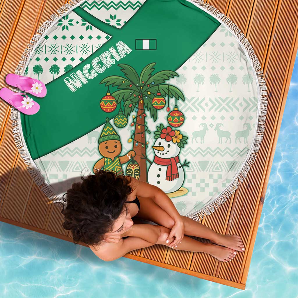 Nigeria Christmas Beach Blanket with Gingerbread Snowman Palm Tree and Tribal Mask Design - Wonder Print Shop
