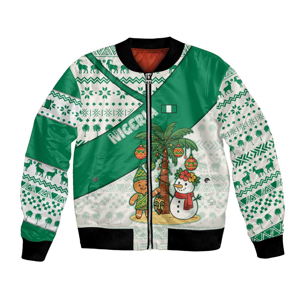 Nigeria Christmas Bomber Jacket with Gingerbread Snowman Palm Tree and Tribal Mask Design - Wonder Print Shop