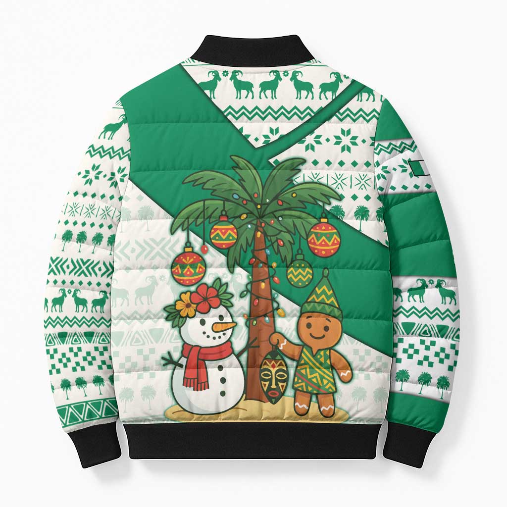 Nigeria Christmas Bomber Puffer Jacket with Gingerbread Snowman Palm Tree and Tribal Mask Design - Wonder Print Shop