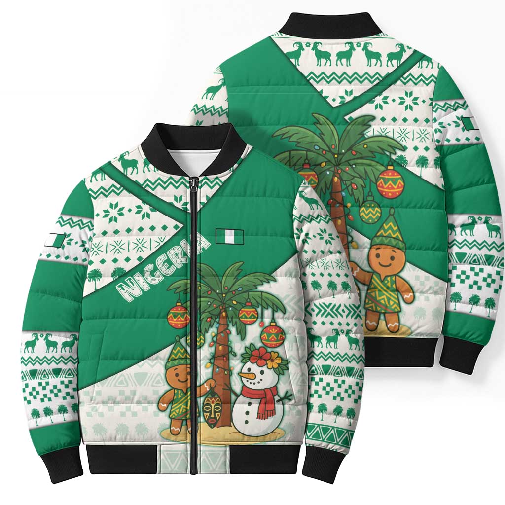 Nigeria Christmas Bomber Puffer Jacket with Gingerbread Snowman Palm Tree and Tribal Mask Design - Wonder Print Shop