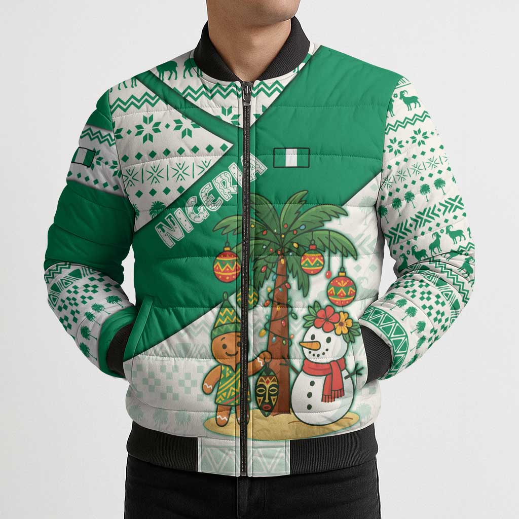 Nigeria Christmas Bomber Puffer Jacket with Gingerbread Snowman Palm Tree and Tribal Mask Design - Wonder Print Shop