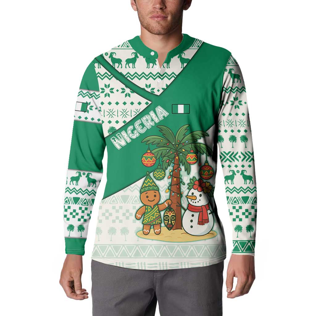 Nigeria Christmas Button Sweatshirt with Gingerbread Snowman Palm Tree and Tribal Mask Design - Wonder Print Shop