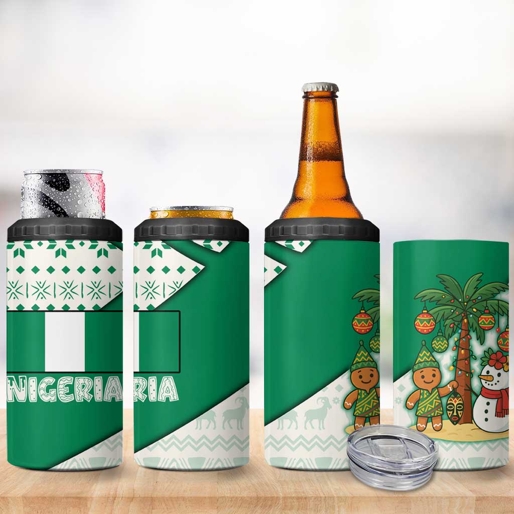 Nigeria Christmas 4 in 1 Can Cooler Tumbler with Gingerbread Snowman Palm Tree and Tribal Mask Design - Wonder Print Shop