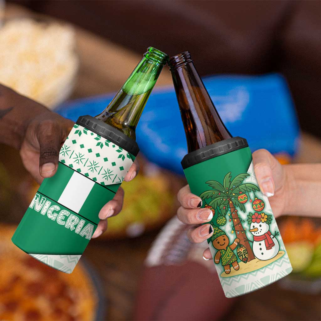 Nigeria Christmas 4 in 1 Can Cooler Tumbler with Gingerbread Snowman Palm Tree and Tribal Mask Design - Wonder Print Shop