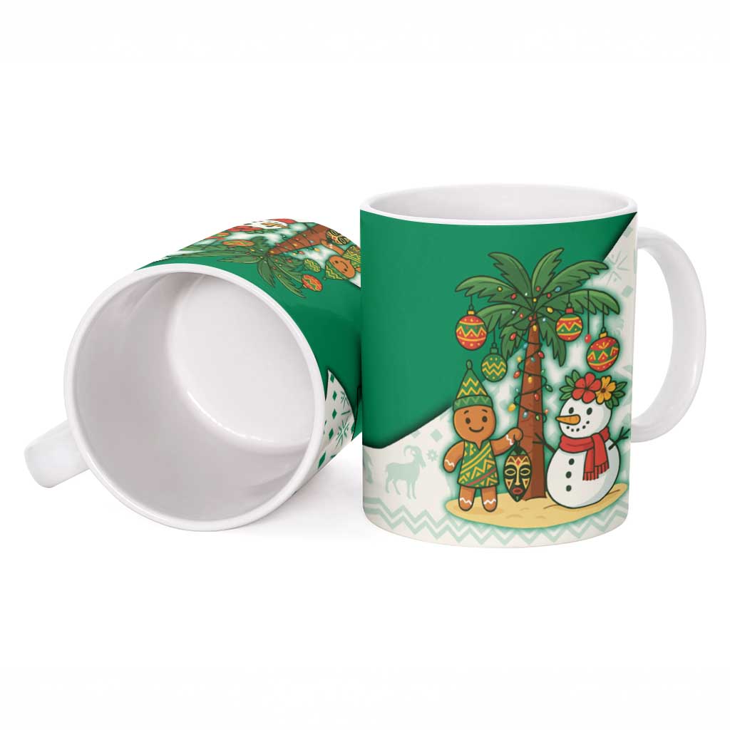 Nigeria Christmas Ceramic Mug with Gingerbread Snowman Palm Tree and Tribal Mask Design - Wonder Print Shop
