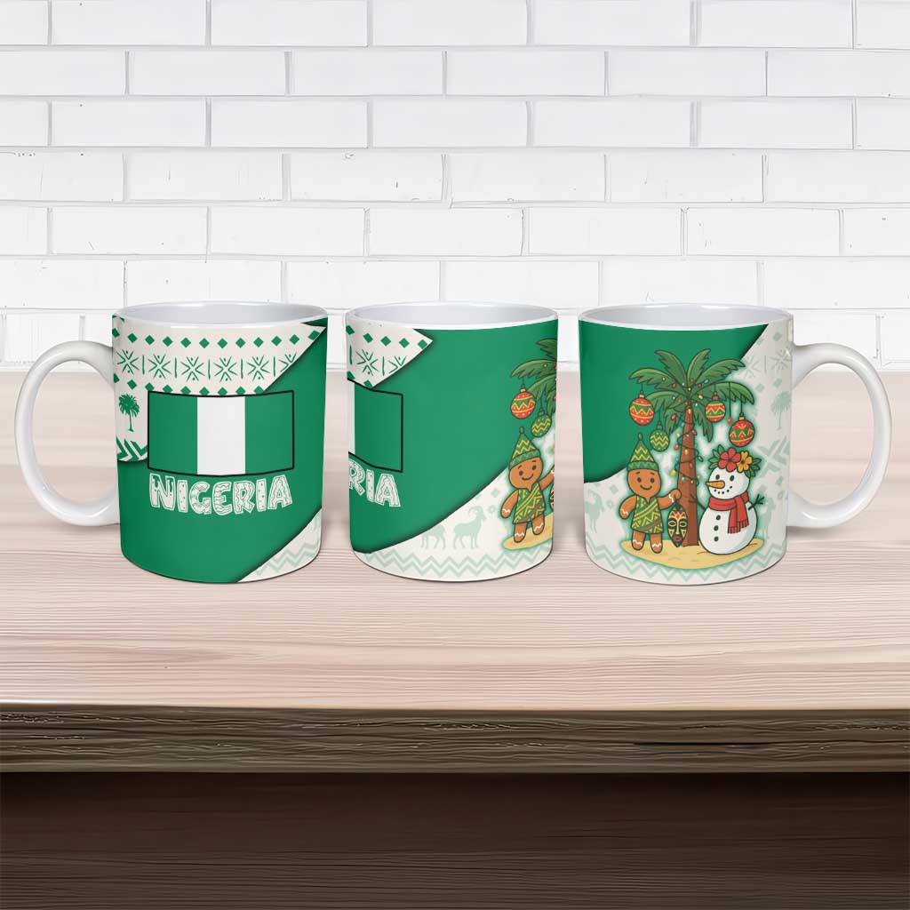 Nigeria Christmas Ceramic Mug with Gingerbread Snowman Palm Tree and Tribal Mask Design - Wonder Print Shop