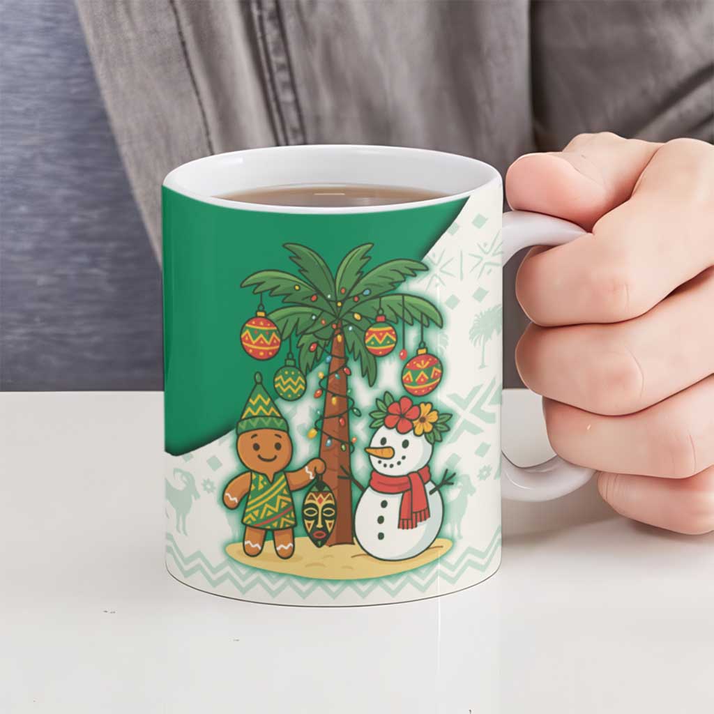 Nigeria Christmas Ceramic Mug with Gingerbread Snowman Palm Tree and Tribal Mask Design - Wonder Print Shop