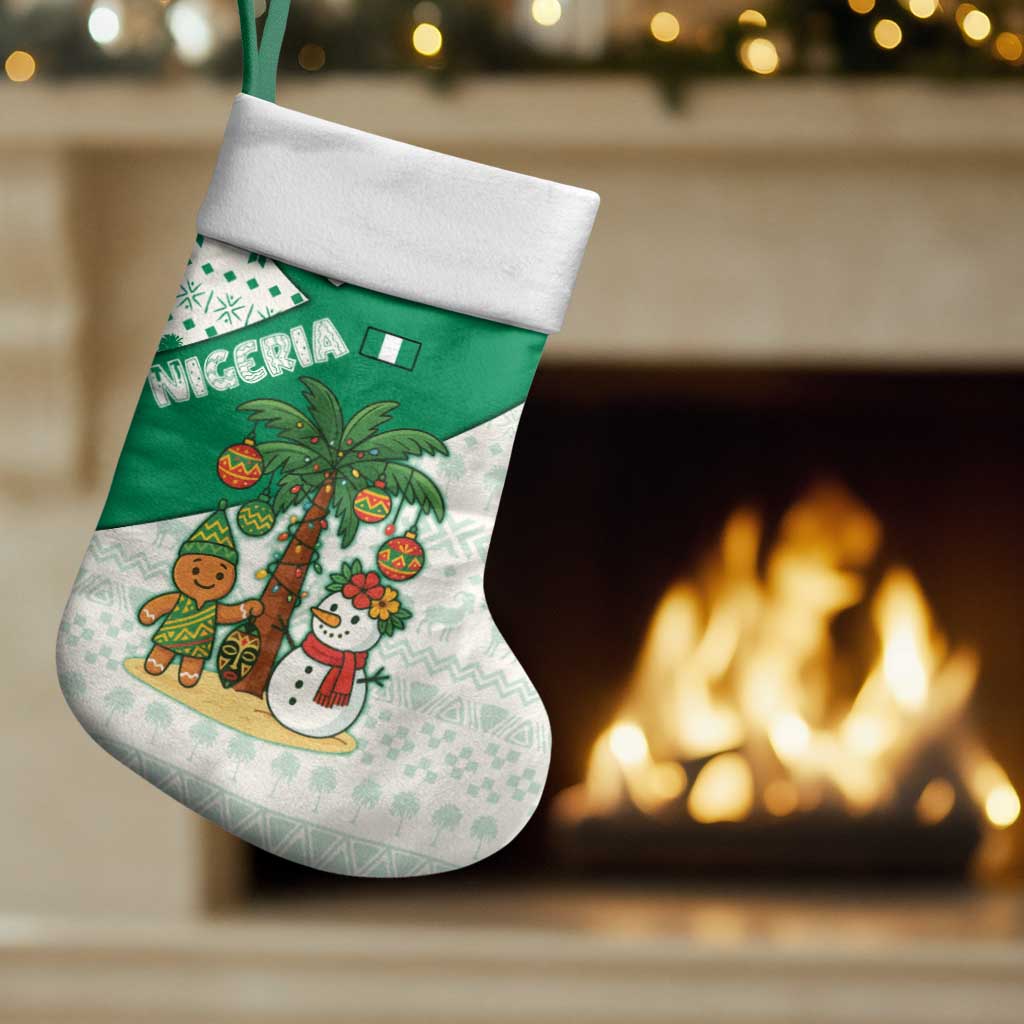 Nigeria Christmas Stocking with Gingerbread Snowman Palm Tree and Tribal Mask Design - Wonder Print Shop