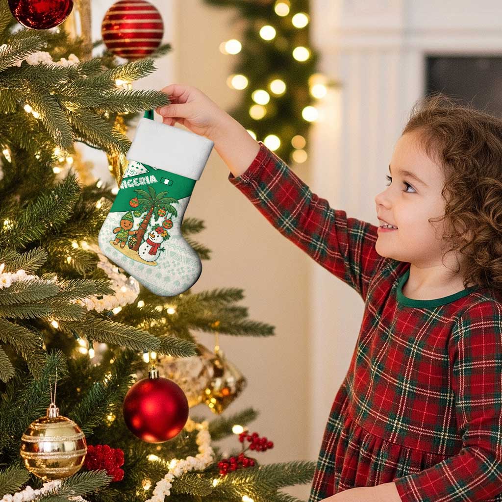 Nigeria Christmas Stocking with Gingerbread Snowman Palm Tree and Tribal Mask Design - Wonder Print Shop