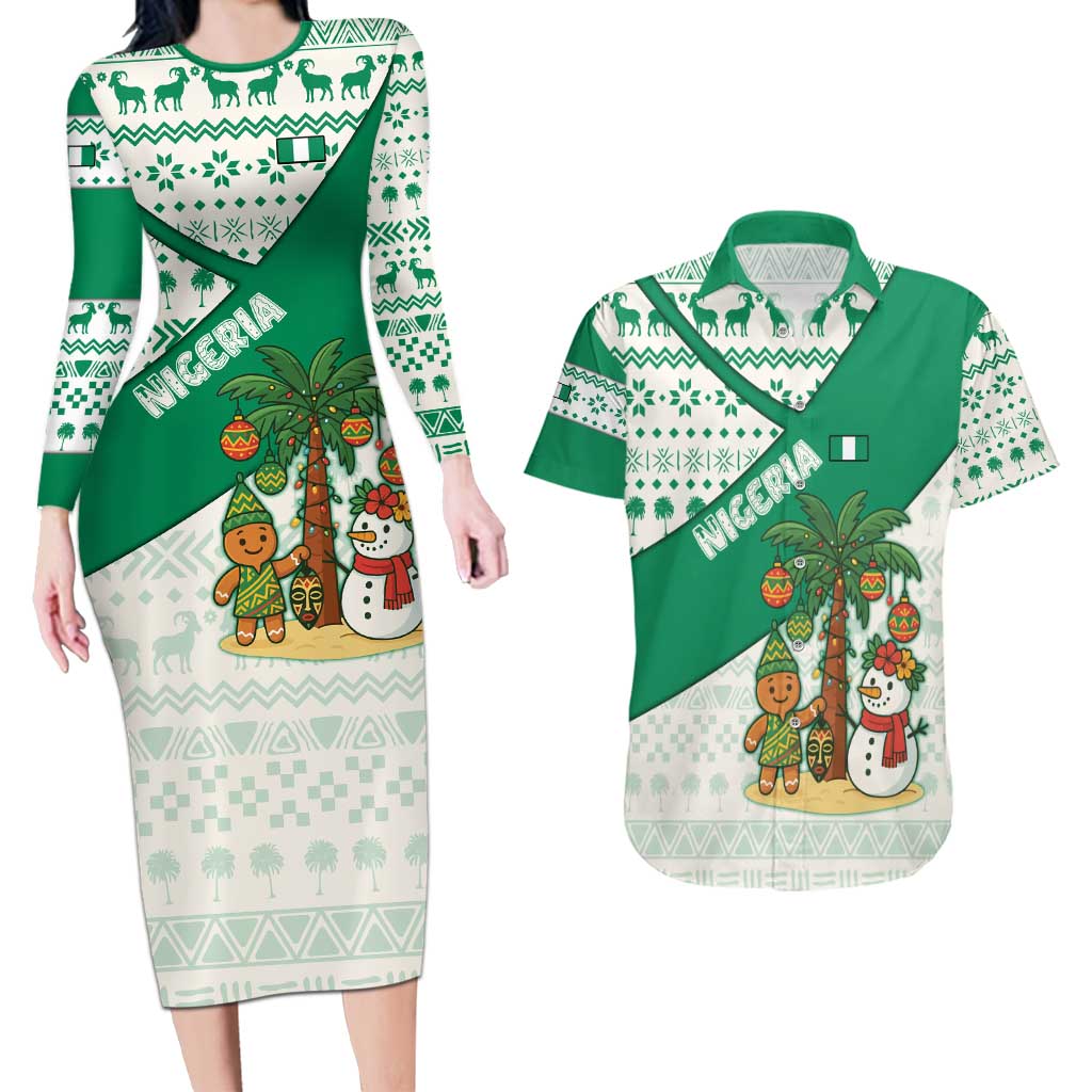 Nigeria Christmas Couples Matching Long Sleeve Bodycon Dress and Hawaiian Shirt with Gingerbread Snowman Palm Tree and Tribal Mask Design - Wonder Print Shop