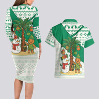 Nigeria Christmas Couples Matching Long Sleeve Bodycon Dress and Hawaiian Shirt with Gingerbread Snowman Palm Tree and Tribal Mask Design - Wonder Print Shop