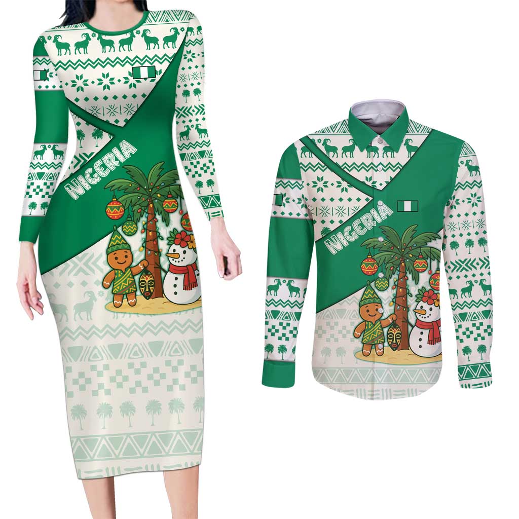 Nigeria Christmas Couples Matching Long Sleeve Bodycon Dress and Long Sleeve Button Shirt with Gingerbread Snowman Palm Tree and Tribal Mask Design - Wonder Print Shop