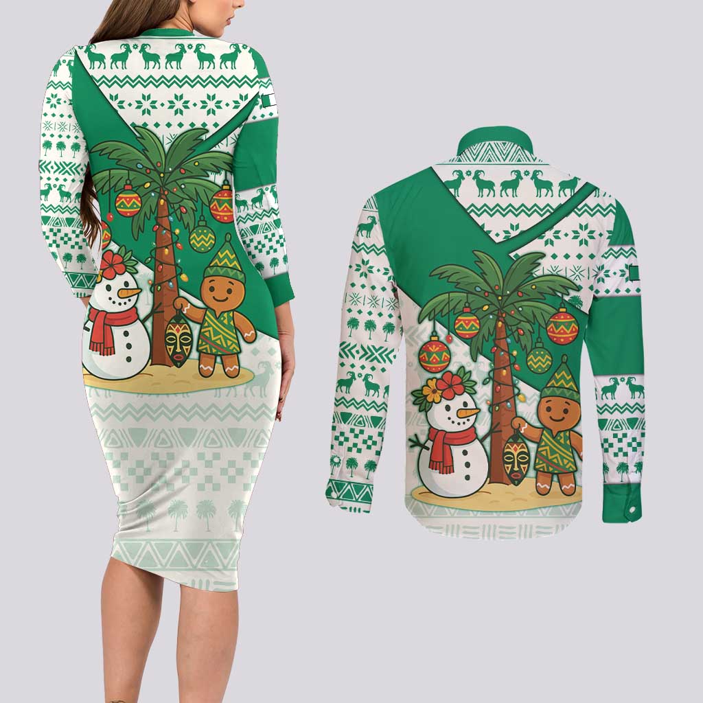 Nigeria Christmas Couples Matching Long Sleeve Bodycon Dress and Long Sleeve Button Shirt with Gingerbread Snowman Palm Tree and Tribal Mask Design - Wonder Print Shop