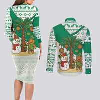 Nigeria Christmas Couples Matching Long Sleeve Bodycon Dress and Long Sleeve Button Shirt with Gingerbread Snowman Palm Tree and Tribal Mask Design - Wonder Print Shop