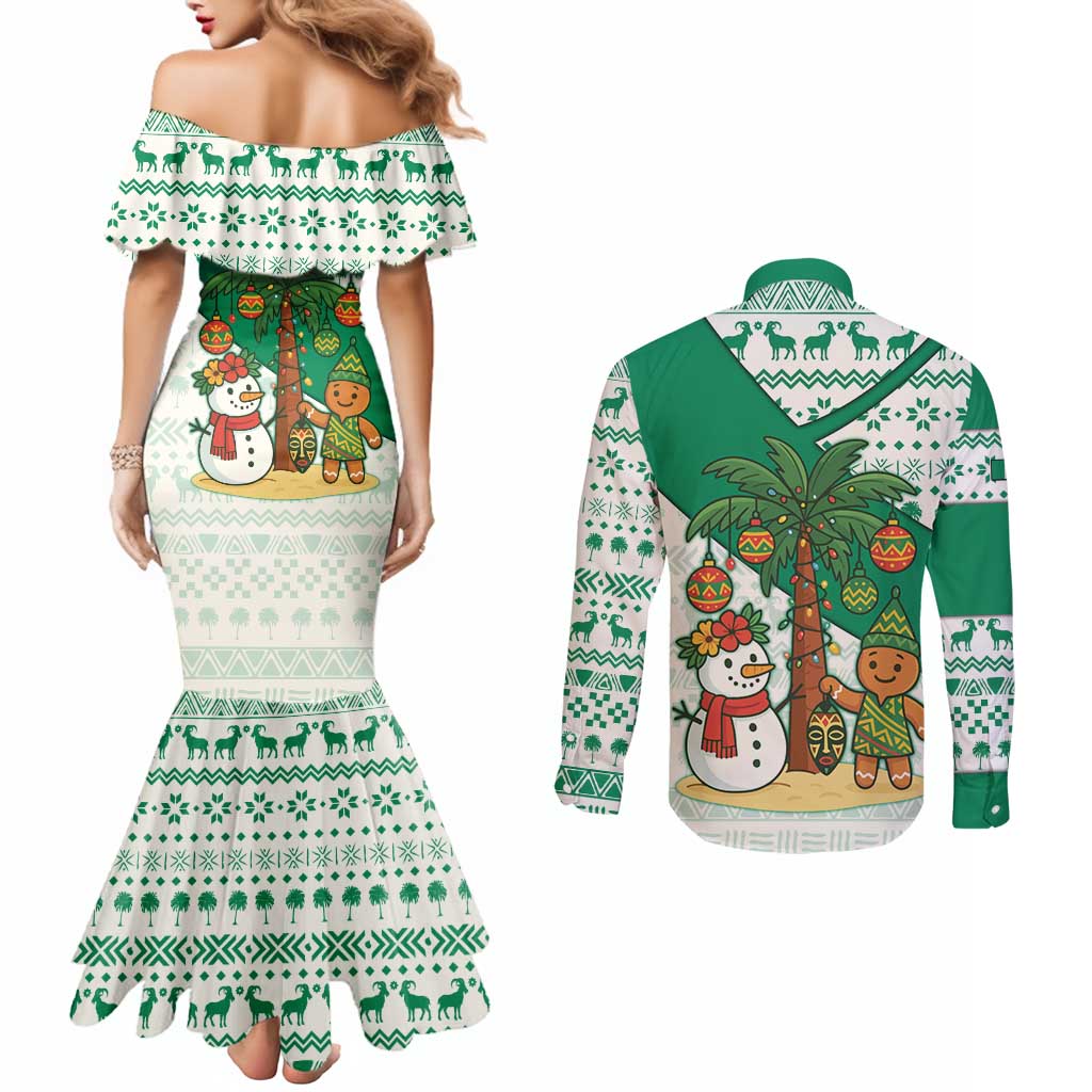 Nigeria Christmas Couples Matching Mermaid Dress and Long Sleeve Button Shirt with Gingerbread Snowman Palm Tree and Tribal Mask Design - Wonder Print Shop