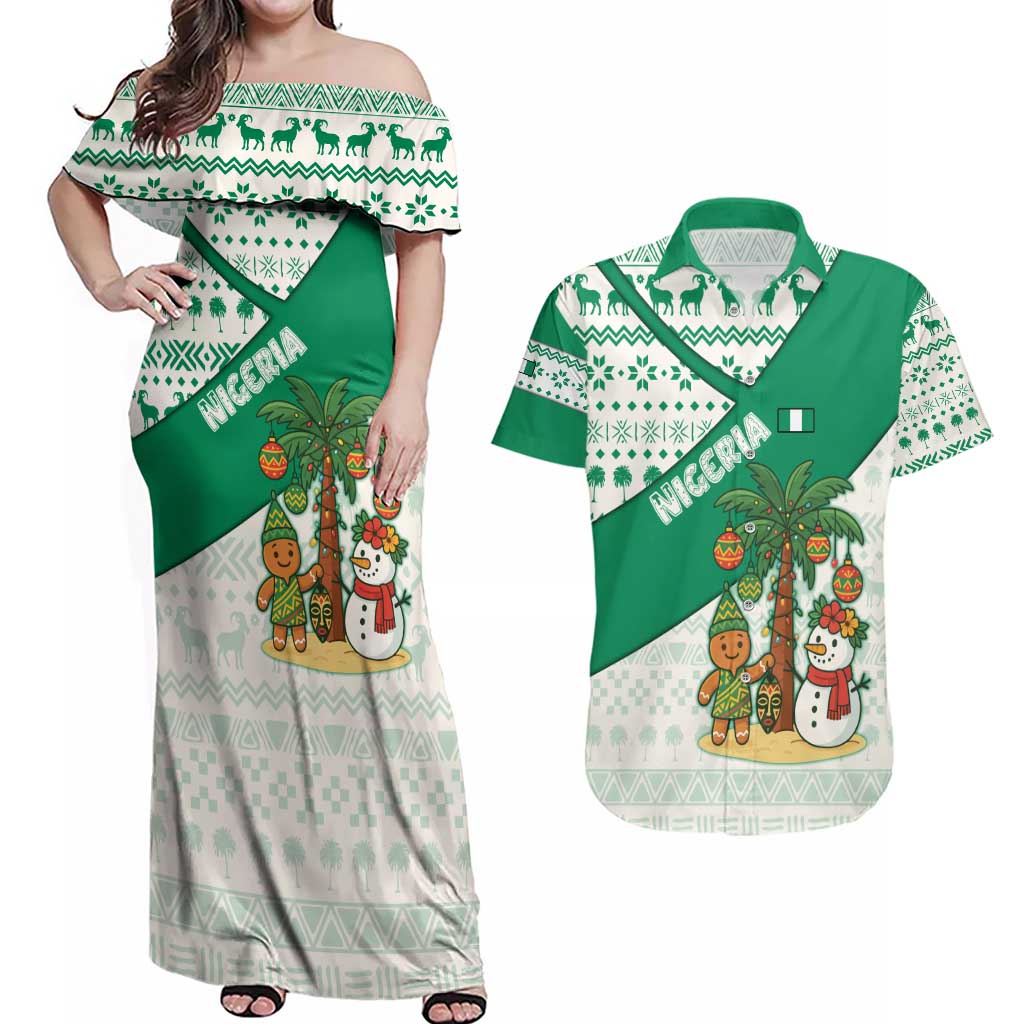 Nigeria Christmas Couples Matching Off Shoulder Maxi Dress and Hawaiian Shirt with Gingerbread Snowman Palm Tree and Tribal Mask Design - Wonder Print Shop
