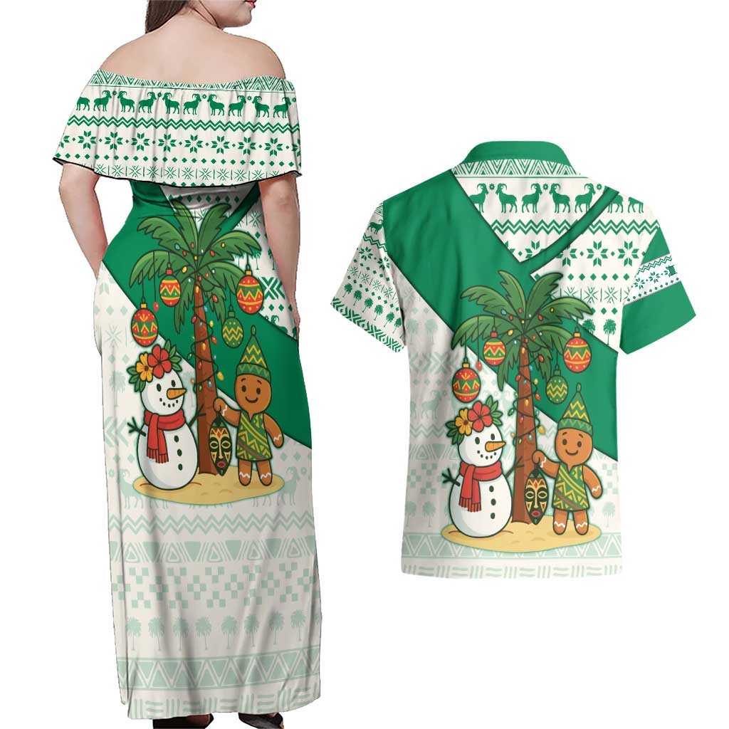 Nigeria Christmas Couples Matching Off Shoulder Maxi Dress and Hawaiian Shirt with Gingerbread Snowman Palm Tree and Tribal Mask Design - Wonder Print Shop