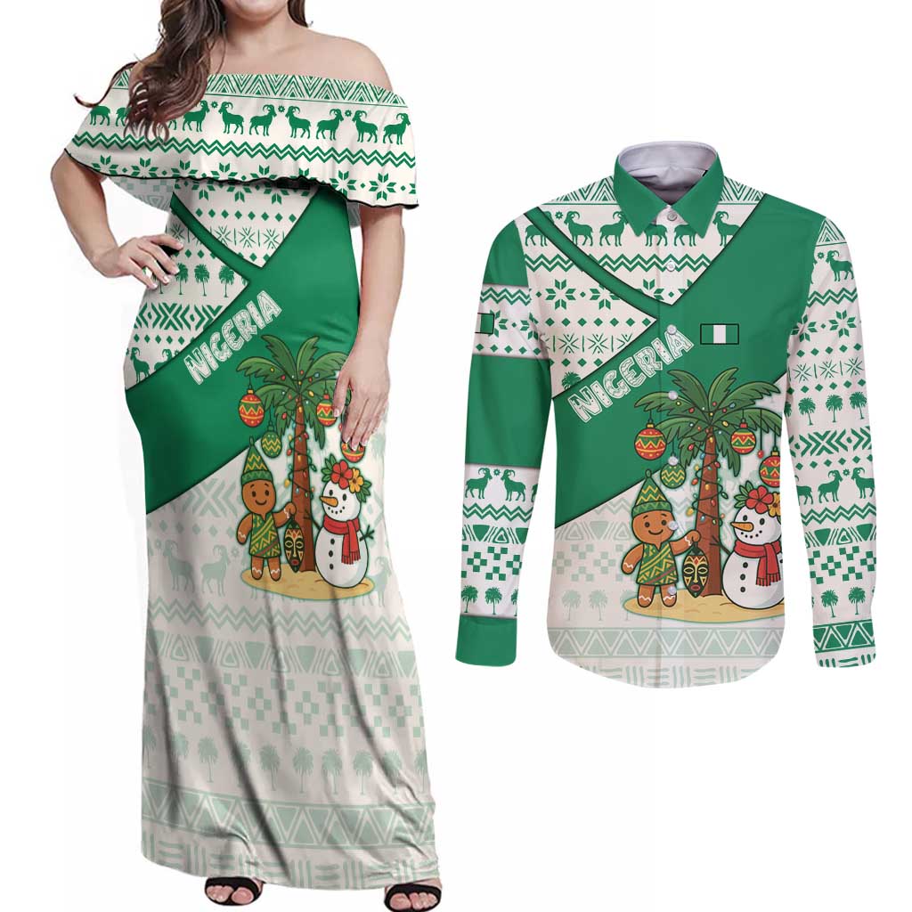 Nigeria Christmas Couples Matching Off Shoulder Maxi Dress and Long Sleeve Button Shirt with Gingerbread Snowman Palm Tree and Tribal Mask Design - Wonder Print Shop