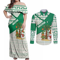 Nigeria Christmas Couples Matching Off Shoulder Maxi Dress and Long Sleeve Button Shirt with Gingerbread Snowman Palm Tree and Tribal Mask Design - Wonder Print Shop