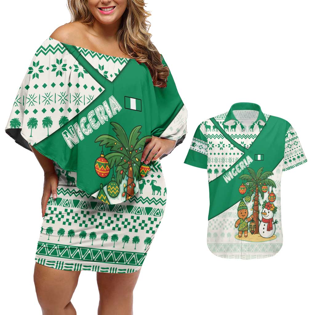 Nigeria Christmas Couples Matching Off Shoulder Short Dress and Hawaiian Shirt with Gingerbread Snowman Palm Tree and Tribal Mask Design - Wonder Print Shop