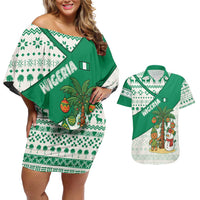 Nigeria Christmas Couples Matching Off Shoulder Short Dress and Hawaiian Shirt with Gingerbread Snowman Palm Tree and Tribal Mask Design - Wonder Print Shop