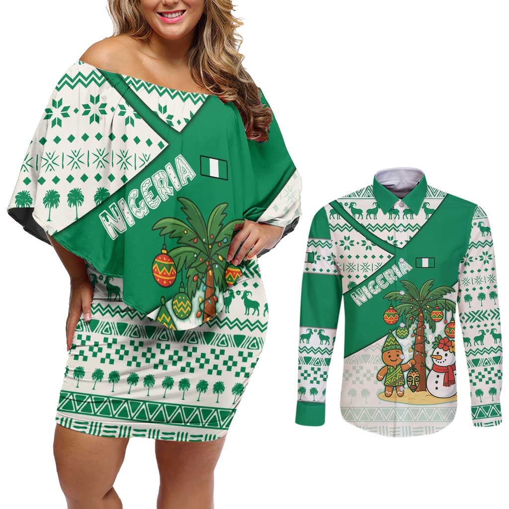 Nigeria Christmas Couples Matching Off Shoulder Short Dress and Long Sleeve Button Shirt with Gingerbread Snowman Palm Tree and Tribal Mask Design - Wonder Print Shop