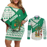 Nigeria Christmas Couples Matching Off Shoulder Short Dress and Long Sleeve Button Shirt with Gingerbread Snowman Palm Tree and Tribal Mask Design - Wonder Print Shop