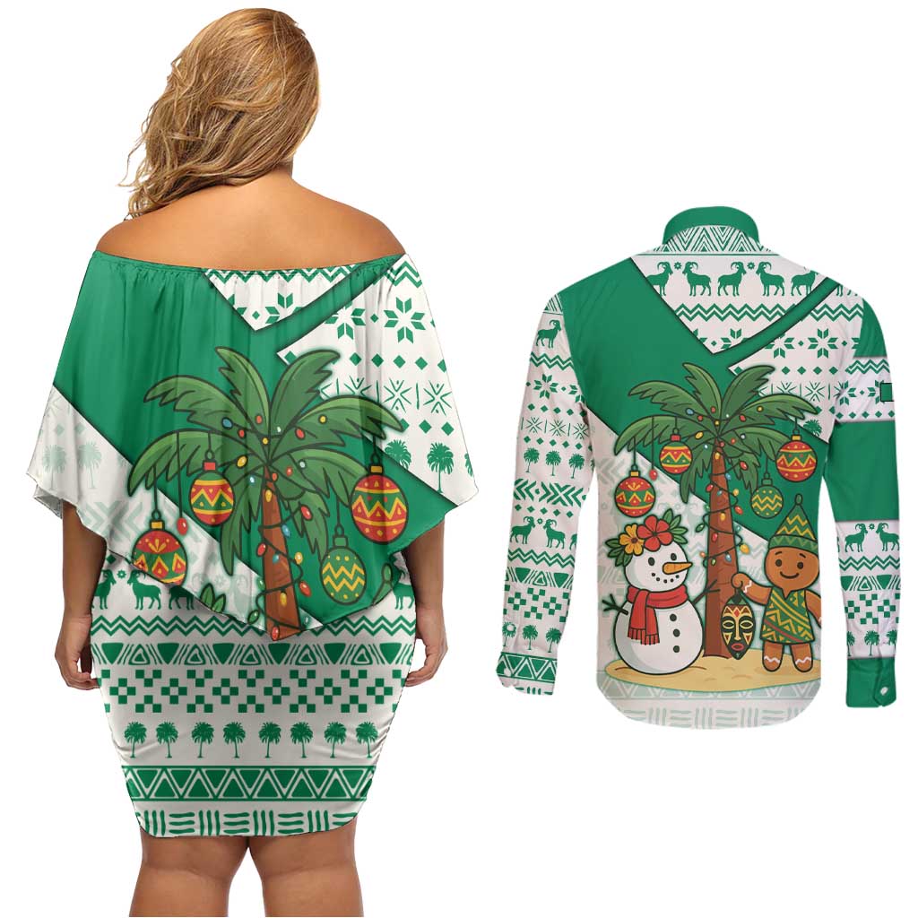 Nigeria Christmas Couples Matching Off Shoulder Short Dress and Long Sleeve Button Shirt with Gingerbread Snowman Palm Tree and Tribal Mask Design - Wonder Print Shop