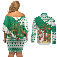 Nigeria Christmas Couples Matching Off Shoulder Short Dress and Long Sleeve Button Shirt with Gingerbread Snowman Palm Tree and Tribal Mask Design - Wonder Print Shop