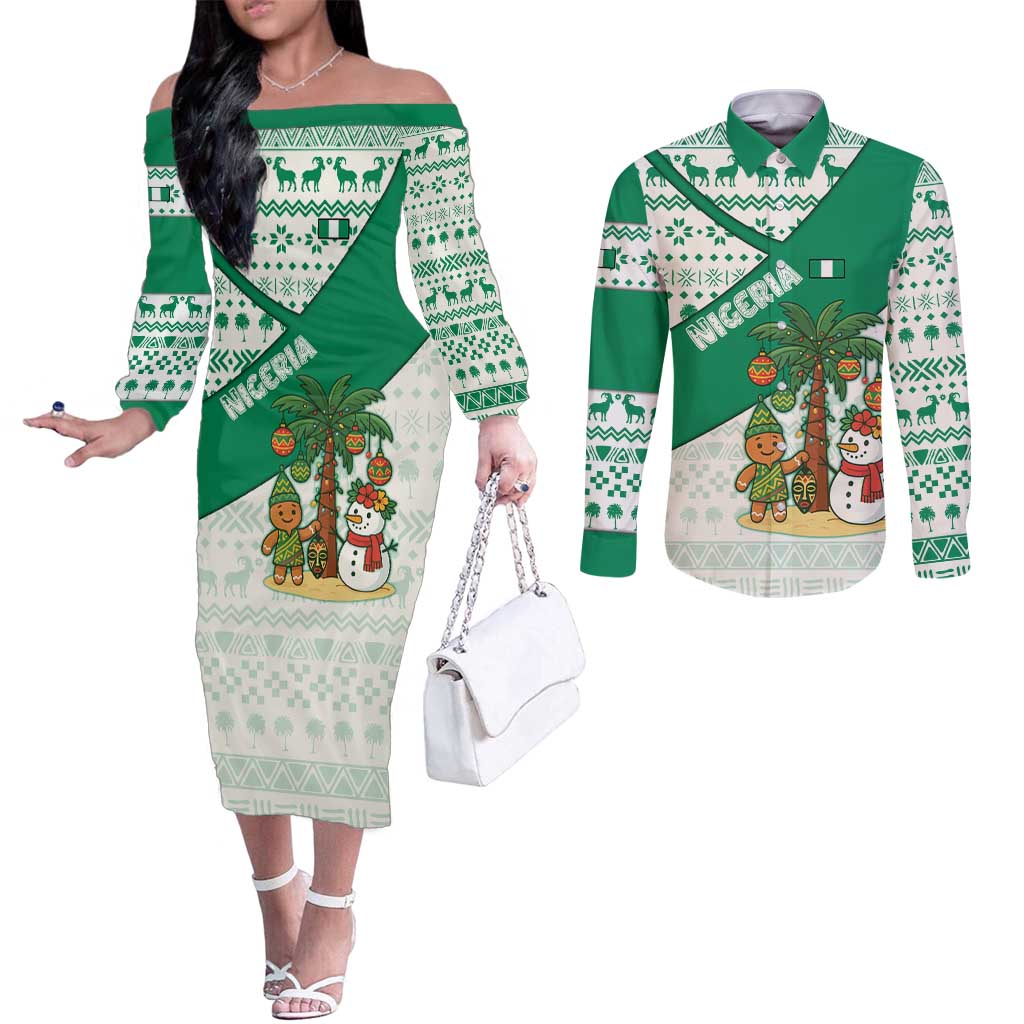 Nigeria Christmas Couples Matching Off The Shoulder Long Sleeve Dress and Long Sleeve Button Shirt with Gingerbread Snowman Palm Tree and Tribal Mask Design - Wonder Print Shop