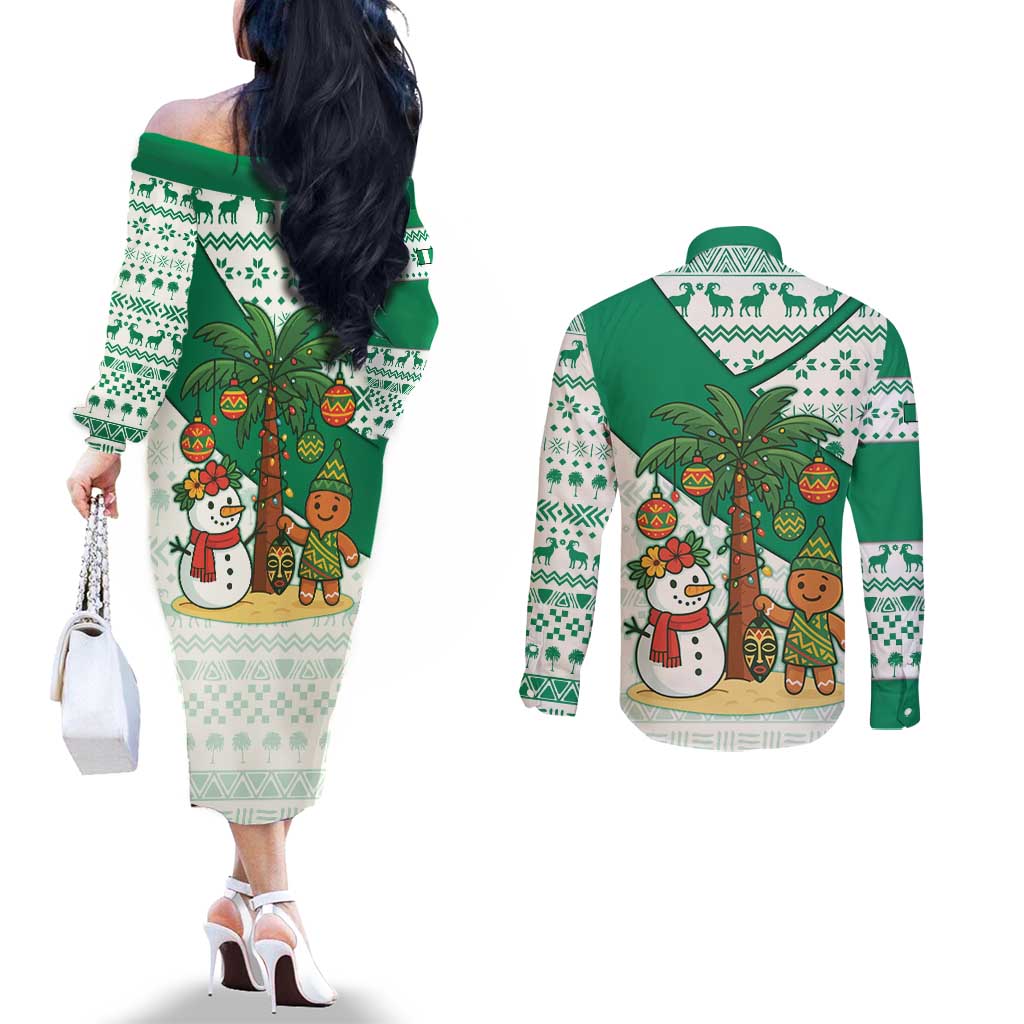 Nigeria Christmas Couples Matching Off The Shoulder Long Sleeve Dress and Long Sleeve Button Shirt with Gingerbread Snowman Palm Tree and Tribal Mask Design - Wonder Print Shop