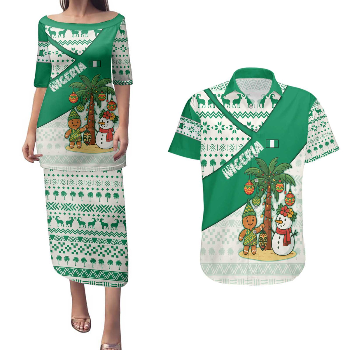 Nigeria Christmas Couples Matching Puletasi and Hawaiian Shirt with Gingerbread Snowman Palm Tree and Tribal Mask Design - Wonder Print Shop