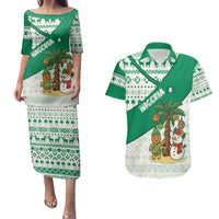 Nigeria Christmas Couples Matching Puletasi and Hawaiian Shirt with Gingerbread Snowman Palm Tree and Tribal Mask Design - Wonder Print Shop