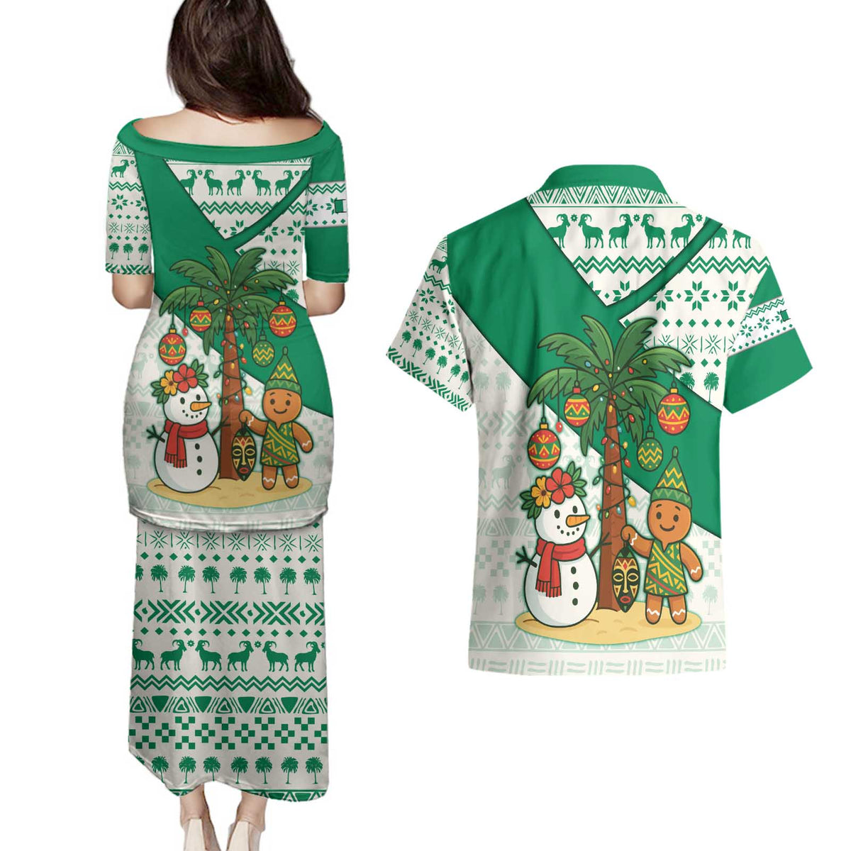 Nigeria Christmas Couples Matching Puletasi and Hawaiian Shirt with Gingerbread Snowman Palm Tree and Tribal Mask Design - Wonder Print Shop