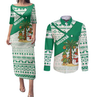 Nigeria Christmas Couples Matching Puletasi and Long Sleeve Button Shirt with Gingerbread Snowman Palm Tree and Tribal Mask Design - Wonder Print Shop