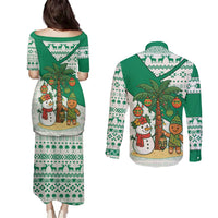 Nigeria Christmas Couples Matching Puletasi and Long Sleeve Button Shirt with Gingerbread Snowman Palm Tree and Tribal Mask Design - Wonder Print Shop