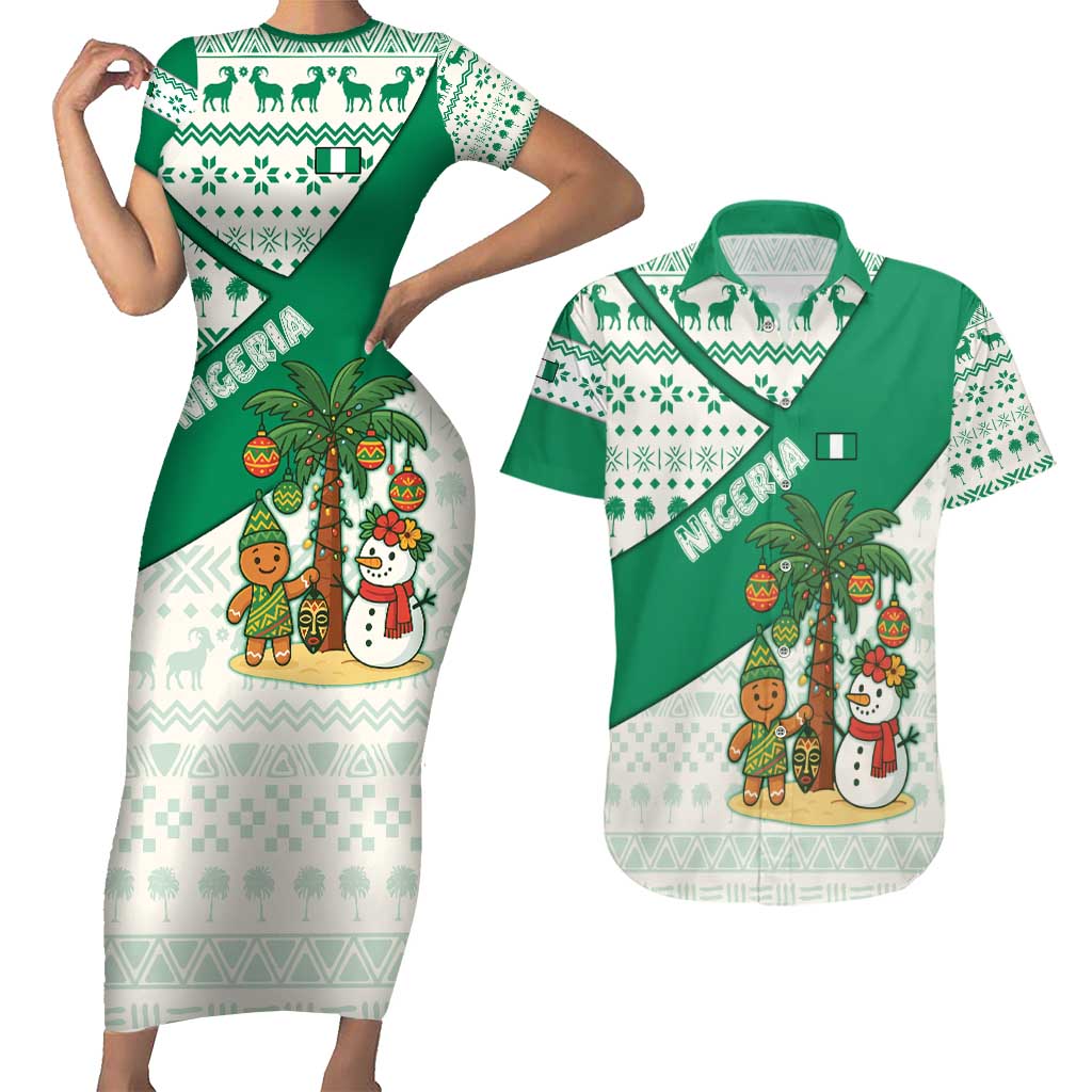 Nigeria Christmas Couples Matching Short Sleeve Bodycon Dress and Hawaiian Shirt with Gingerbread Snowman Palm Tree and Tribal Mask Design - Wonder Print Shop