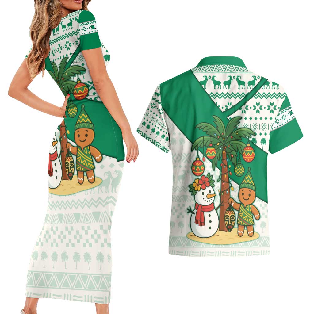 Nigeria Christmas Couples Matching Short Sleeve Bodycon Dress and Hawaiian Shirt with Gingerbread Snowman Palm Tree and Tribal Mask Design - Wonder Print Shop