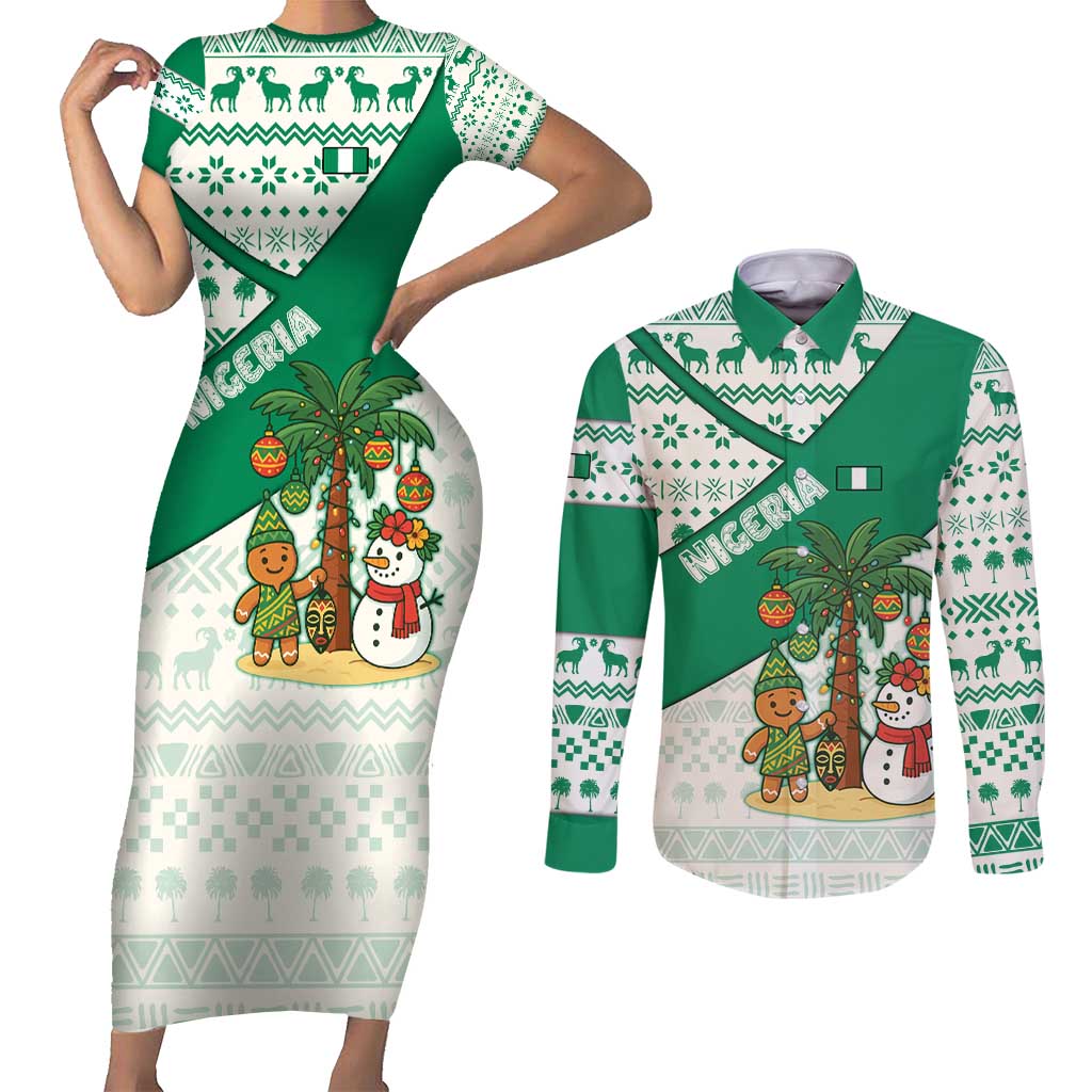 Nigeria Christmas Couples Matching Short Sleeve Bodycon Dress and Long Sleeve Button Shirt with Gingerbread Snowman Palm Tree and Tribal Mask Design - Wonder Print Shop