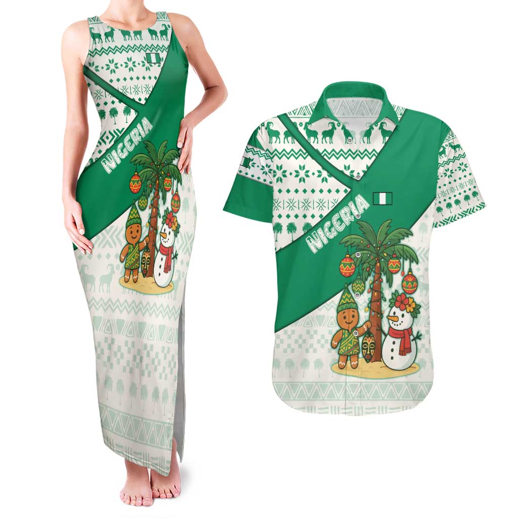 Nigeria Christmas Couples Matching Tank Maxi Dress and Hawaiian Shirt with Gingerbread Snowman Palm Tree and Tribal Mask Design - Wonder Print Shop