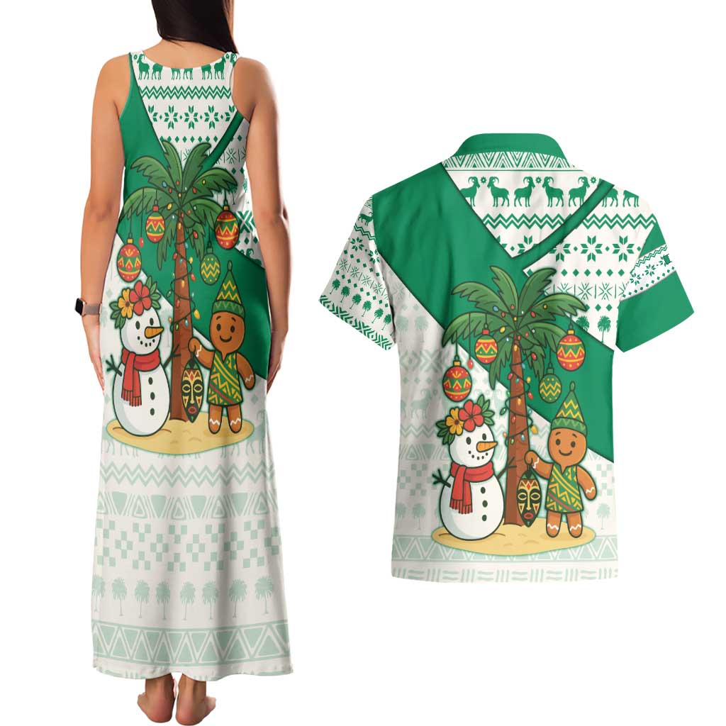 Nigeria Christmas Couples Matching Tank Maxi Dress and Hawaiian Shirt with Gingerbread Snowman Palm Tree and Tribal Mask Design - Wonder Print Shop