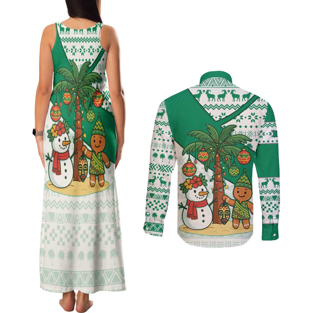 Nigeria Christmas Couples Matching Tank Maxi Dress and Long Sleeve Button Shirt with Gingerbread Snowman Palm Tree and Tribal Mask Design - Wonder Print Shop