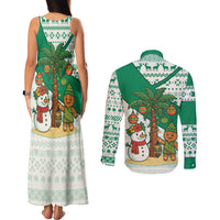 Nigeria Christmas Couples Matching Tank Maxi Dress and Long Sleeve Button Shirt with Gingerbread Snowman Palm Tree and Tribal Mask Design - Wonder Print Shop