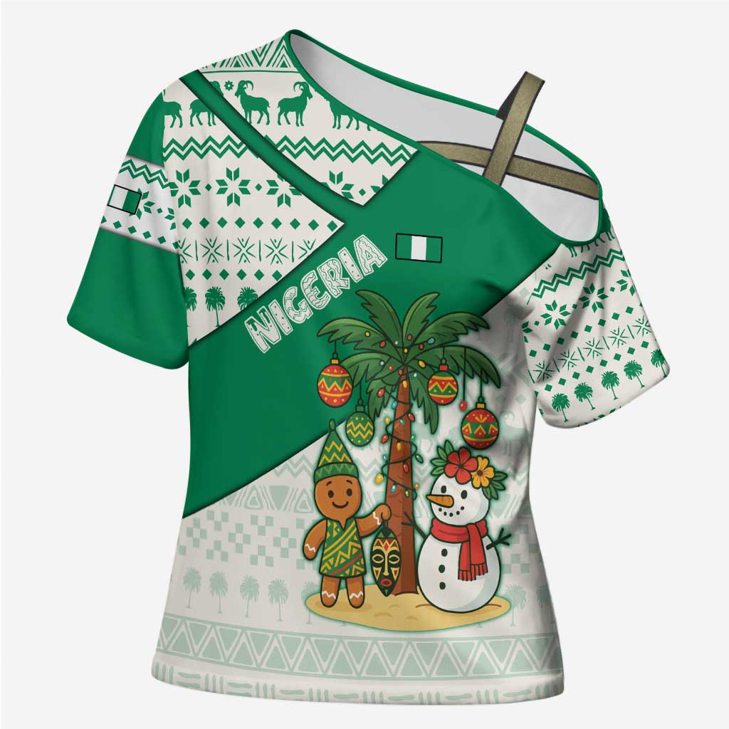 Nigeria Christmas Cross Shoulder Shirt with Gingerbread Snowman Palm Tree and Tribal Mask Design - Wonder Print Shop