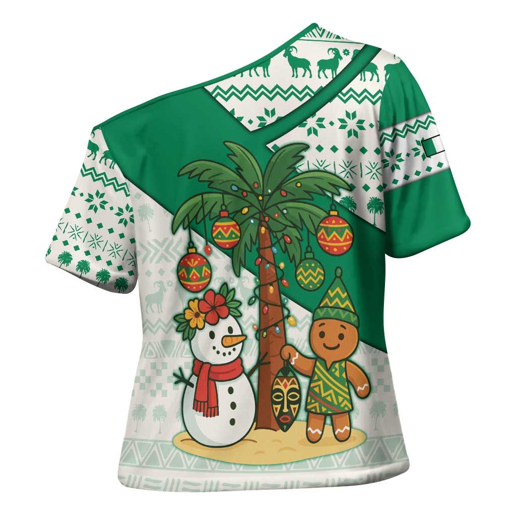 Nigeria Christmas Cross Shoulder Shirt with Gingerbread Snowman Palm Tree and Tribal Mask Design - Wonder Print Shop