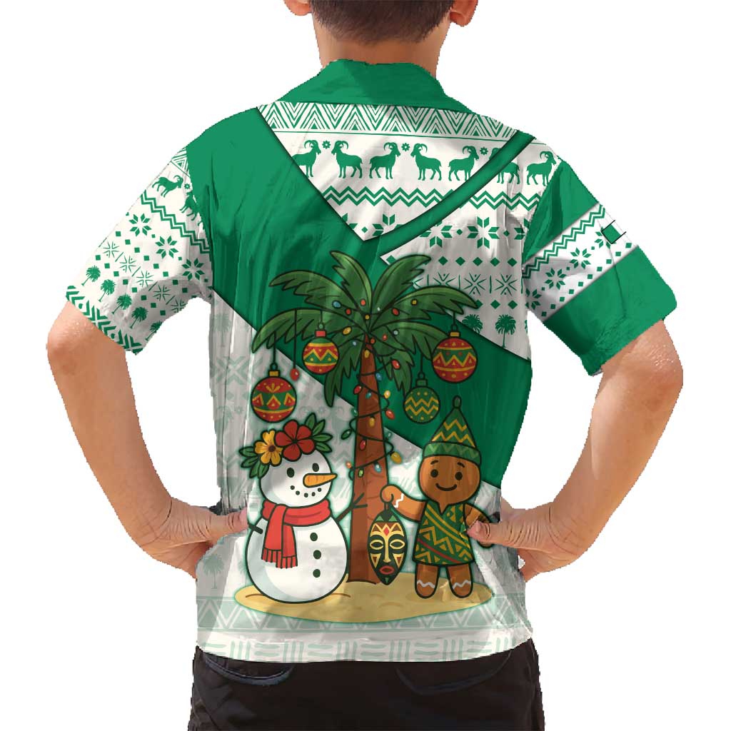 Nigeria Christmas Family Matching Long Sleeve Bodycon Dress and Hawaiian Shirt with Gingerbread Snowman Palm Tree and Tribal Mask Design - Wonder Print Shop